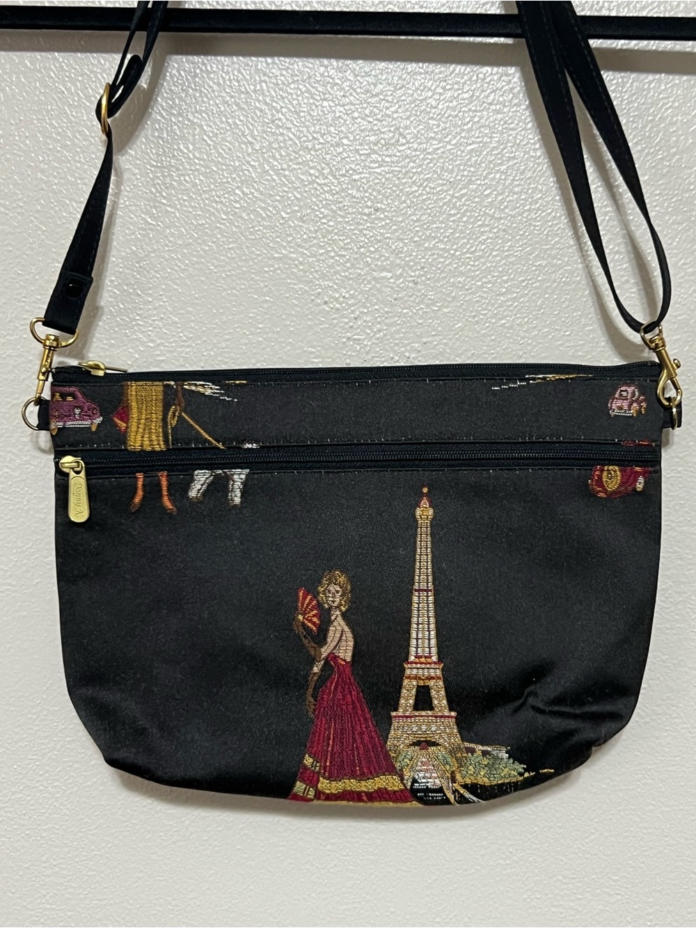 Danny K. Paris Eiffel Tower USA Made Embroidered Tapestry Crossbody Bag Purse